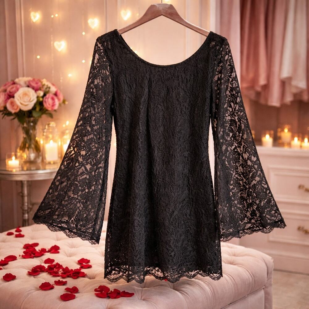 Whimsical Floral Lace Long Sleeve Evening Gown Black Mini Dress 1X